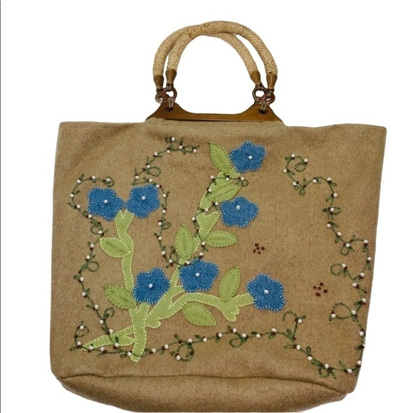 VINTAGE Handmade Wool Top Handle Tote Handbag Embroidered Detail - Picture 2 of 10